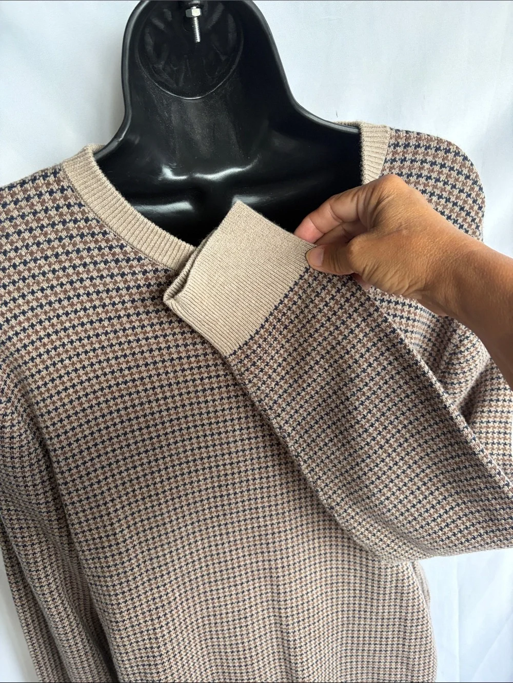 J Crew Houndstooth Sweater Mens M Brown Beige Cotton Knit Crewneck Pullover